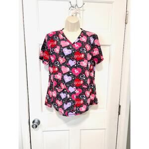 Dog Is Good Womens Scrub Top Sz S Heart Print Vet Nurse Dogs Colorful Animals‎